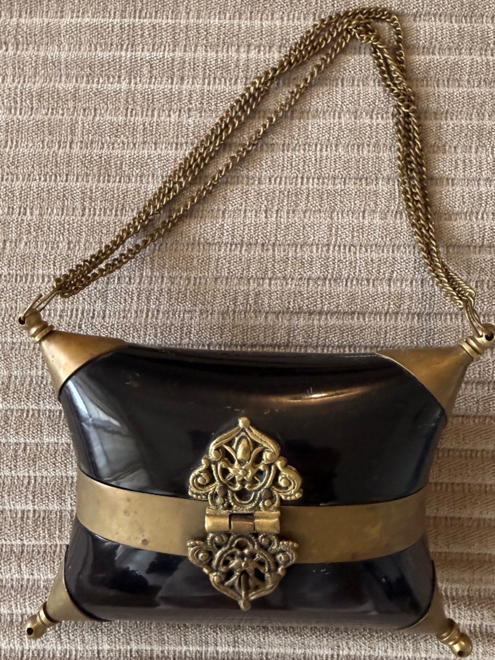Vintage Black Horn Brass Minaudière Box Purse Ornate Clasp Blue Velvet Chain